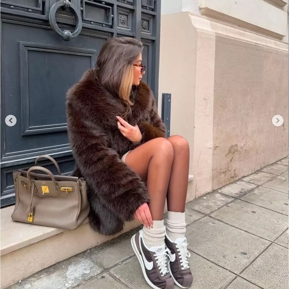 ZARA CORD BELTED BUCKELD FAUX FUR COAT BROWN